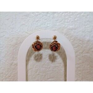 Vintage Unsigned Red Rose Gold Tone Stud Dangle Earrings